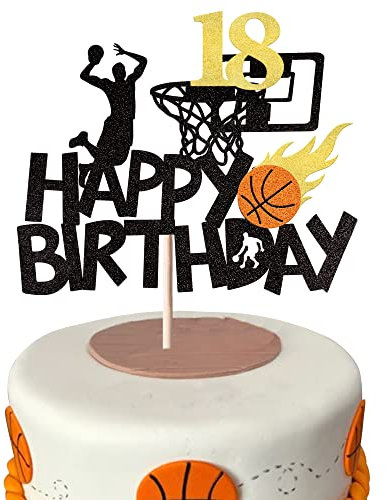SYKYCTCY 1 Pack Basketball Happy 18th Birthday Cake Topper Glitter Hello 18 Sweet 18 Cake Pick Eighteen Years Old Birthday Cake Decoration for Basketball Sports Party Supplies Black