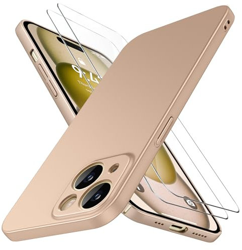 Natiiozie Ultra Dünn Handyhülle Kompatibel mit iPhone 15 Hülle PP Case mit 2 Stück Schutzfolie, Slim Leicht Hartschale mit Voll Kameraschutz Kratzfeste Matt Schutzhülle - Gold