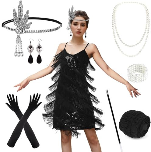 PLULON Abito da Donna Gatsby Anni '20 con Frange e Paillettes Abito Vintage da Cocktail Party con Accessori Anni '20 Set di Costumi per Ballo di Fine Anno (Nero