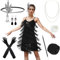 PLULON Damen 1920er Gatsby Pailletten Fransen Vintage Flapper Kleid Cocktailpartykleid mit 20er Jahre Accessoires Kostümset für Abendball (Schwarz)