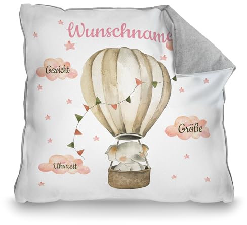 PR Print Royal Kissen zur Geburt mit Name und Geburtsdaten Personalisieren - Elefant im Heißluftballon - Personalisiertes Geschenk zur Geburt | 40 x 40 cm, Rückseite Pastellgrau