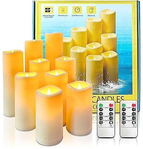 candlesee LED Flameless Candles of 9 Pack, Waterproof Battery Operated Flickering Candle Outdoor with Timer Remote Control for Balconies, Outdoor Lanterns, Indoor, Wedding Decorations