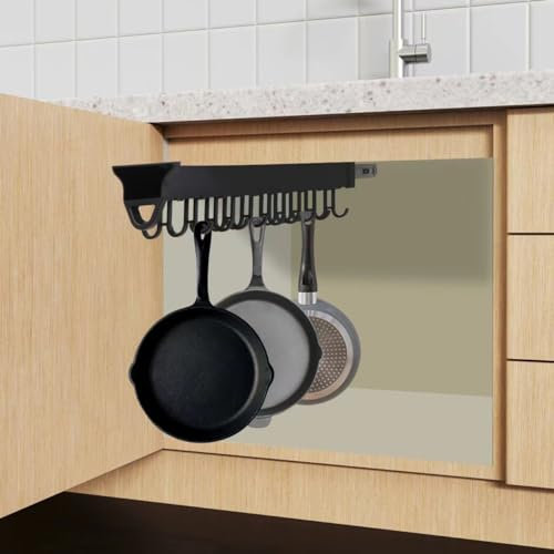 amhyicho 10in Hanging Pot Rack with Hooks for Cabinet Pull Out Pot and Pan organizer Adjustable Pot Racks with Sliding Rail Storage Utility Rack Used for Kitchen/Closet/Cupboard,Load 75LBS