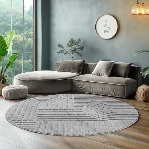 Hochflor Rund Teppich Wohnzimmer Küchenteppich Schlafzimmer Läufer Flur Skandi Boho Teppich 3D Design Flauschig Weich, Größe: 80 x 80 cm Farbe: Silber