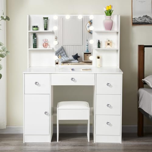 Puselo Dressing Table with Mirror and Stool, Vanity Desk with LED Lights-3 colors, Brightness Adjustable, Vanity Table with Drawers and Shelves for Girls (M3H3169)