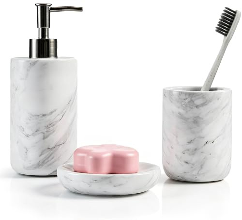 WORHE Ensemble d'accessoires de salle de bain en marbre naturel italien, 3 pièces, blanc