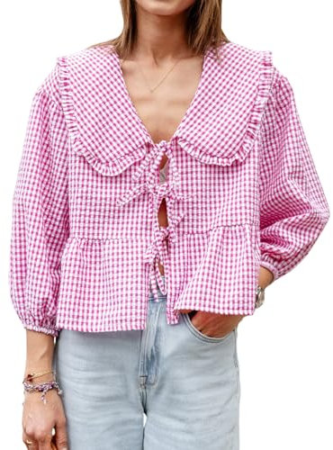 YILEEGOO Damen Y2K Tie Up Front Plaid Print Sweet Shirt Bluse Laterne Langarm Puppenkragen Sommer Lose Tops, rose, S