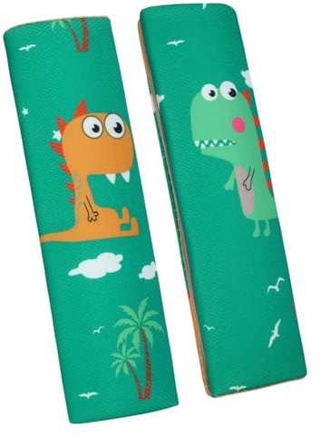 URAQT 2 Stück Gurtpolster Auto Kinder, Auto Gurtpolster Gurtschutz mit Dinosaurier Dino Motiv, Schutzkissen und Samtbeutel Groß für mehr Komfort auf der Reise (Grüner Dinosaurier)