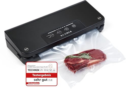 KLAMER Vakuumierer Classic Pro 80 (2024) - Vakuumiergerät für trockene oder feuchte Lebensmittel und Sous Vide, inkl. Vakuumier-Beutel und Schlauch