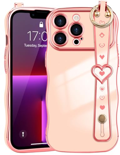 LLZ.COQUE for iPhone 13 Pro Case Love-Heart Wrist Strap Wave Frame | Hand Strap Stand, Plating Heart for Women Cover, Raised Camera Protection, Anti-fall Shockproof TPU Phone Case, Pink