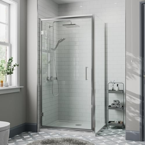 Diamond® 900 x 800mm Hinged Shower Enclosure Door Screen for Wet Room Cubicle Enclosures, 8mm Toughened Safety Glass, Framed, Polished Chrome