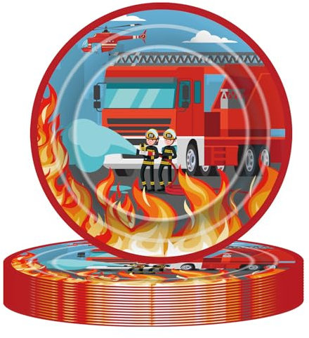 POPOYU 16 Stück Feuerwehrauto Pappteller Geburtstagsdeko Set, Geburtstag Party Geschirr, Feuerwehrmann Partygeschirr Set, Kindergeburtstag Set mit 9 Zoll Pappteller Geschirr Set für Geschirr Feuerwehr