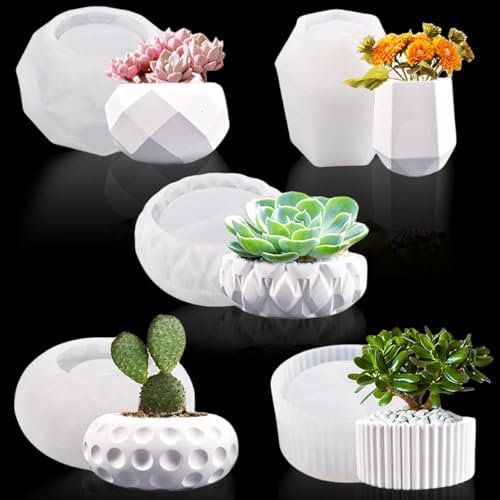 5 stampi in silicone per fiori, stampi in resina epossidica, stampi in silicone per calcestruzzo, stampi in silicone, per vasi, stampi in silicone, per piante grasse, piante, decorazioni artigianali
