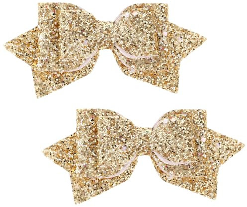 Lot de 2 nœuds dorés étincelants pour cheveux de filles de 12,7 cm - Nœuds à paillettes dorées avec pinces crocodiles pour femmes et filles