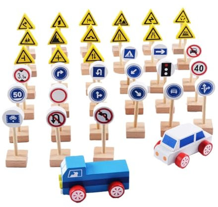 JOINPAYA 35pièces Panneaux De Signalisation Bois Jouet Éducatif pour Garçon Fille Connaissance du Trafic Blocs De Signalisation Voitures Miniatures Apprentissage Amusant Et Créatif