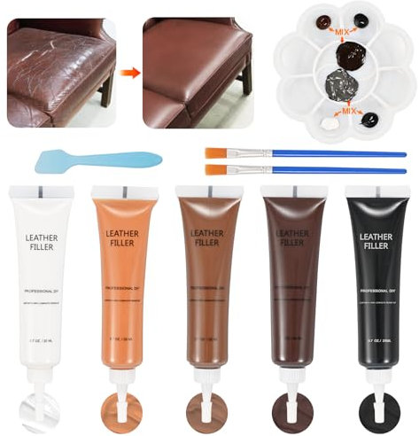 BUDOCI Leder Reparatur Set mit 5 Farben, Braun Mixbar Fiussigleder Reparatur Creme Set Schwarz Leder Repairing kit für Auto Lederlenkrad Sofa Jacke Geldbörse Gürtel Schuhe Kunstleder Kratzer Risse