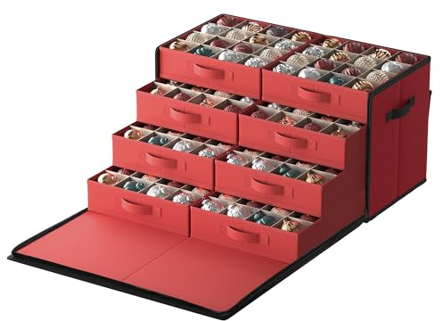 SONGMICS Large Christmas Decoration Storage Box, with Side Open, Stackable Christmas Storage Container with Lid, 8 Drawer Trays, 600D Oxford, 7.6 cm 128 Slots, Cherry Red RFB038R01