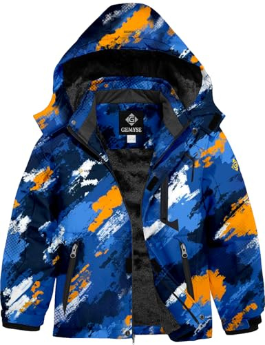 GEMYSE Veste de Ski Enfant Garçon Blouson Hiver Chaud avec Capuche Imperméable Coupe-Vent et Doublure Polaire(Bleu Orange,140-146)