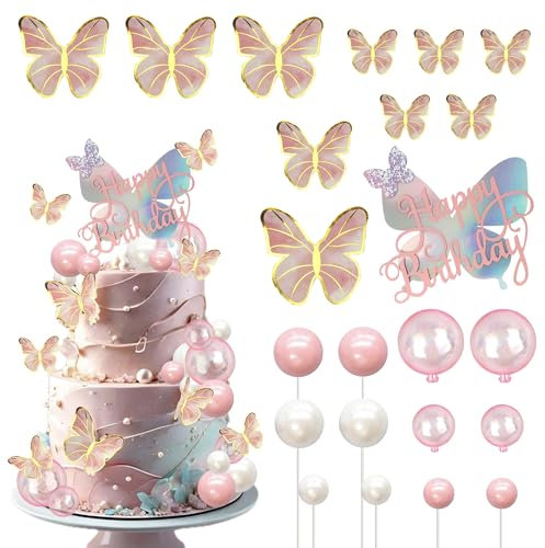 23 Stück Schmetterling Tortendeko Goldene Rosa Kugel Kuchen Deko Hübsch Happy Birthday Schmetterlinge Cake Toppers für Baby Dusche Hochzeit Geburtstag Party Kuchen Dekorationen Rosa