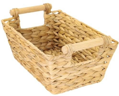 HMF Aufbewahrungskorb geflochten aus Wasserhyazinthe, dekorativer Korb mit Holzgriffen zur Aufbewahrung für Badezimmer, Wohnzimmer, Küche | 30 x 20 x 12 cm | Natur