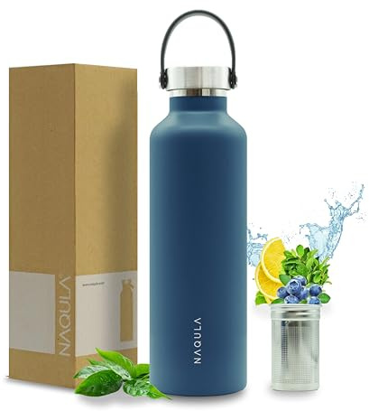 NAQULA® Thermosflasche 750 ml mit Tragegriff und abnehmbarem Sieb f Tee od Früchte. Edelstahl Trinkflasche auslaufsicher, kohlensäurehaltige Getränke geeignet, Isolierflasche heiß und kalt. (Blau)