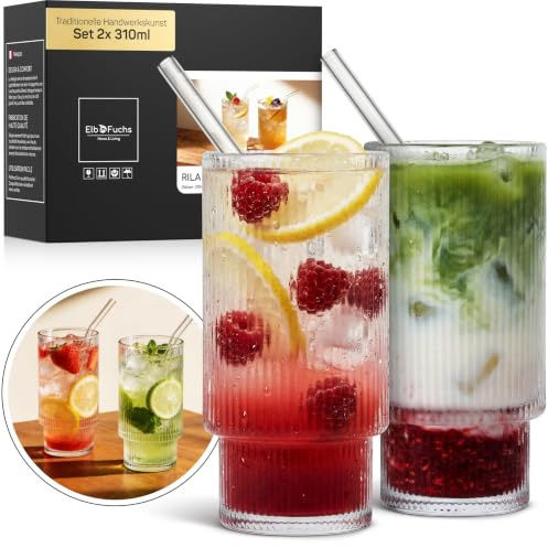ElbFuchs Trinkgläser 2er Set 310 ml - Geriffelte Longdrinkgläser mit Glasstrohhalmen als Cocktailgläser, ästhetische Wassergläser, Eiskaffee & Matcha Gläser
