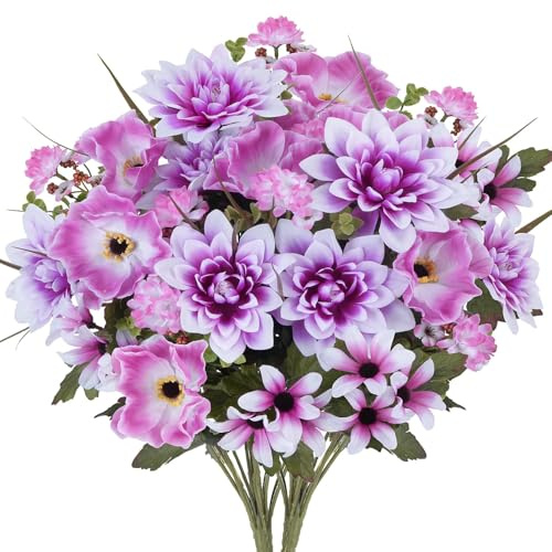 Fairblo 2 Piezas Flores Artificiales Decoracion Ramo de Flores Artificiales Realistas de Seda Dalia Margarita Amapola Artificiale Morado para Cementerio Centros Decorativos de Mesa Jarron Balcon