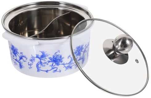 FIXOSHEE Petite Casserole en Acier Inoxydable avec Couvercle, Compatible Induction, Marmite à Double Compartiment pour Soupe et Fondue, 1 Personne, Motif Floral Blanc, Usage Personnel