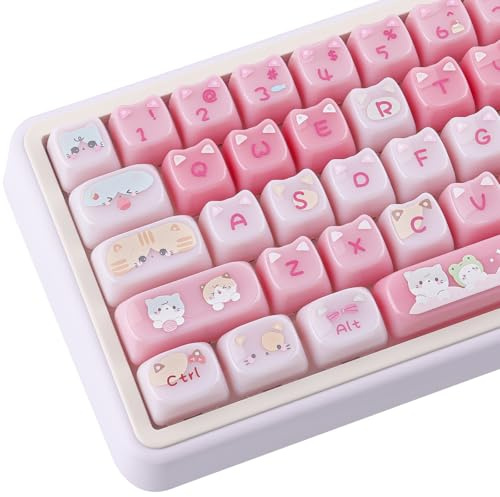 Ceramic Jade Cat Keycaps, 142 Keys Translucent Pink Meow Meow Cute Keycaps | Mao Profile Custom Keycap with Keycap Storage Box for Cherry Gateron MX Switches Mechanical Keyboards