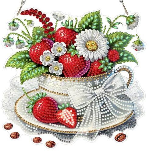 MXJSUA Diamond Erdbeere Painting Anhänger mit Kette Erwachsene, Diamant Painting Fensterbilder Hängende Ornament Bastelset Set für Wand Und Eingang Decor Geschenk 20x20cm