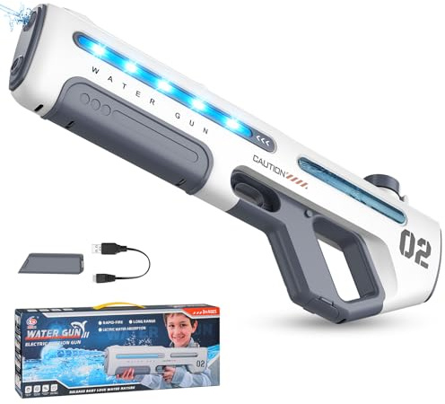 Elektrische Wasserpistole für Kinder Erwachsene, Automatische Wasserspritzpistole mit LED-Licht Wasseraufnahme, Dauerfeuer 8m Reichweite, Sommer Spielzeug for Pool, Strand