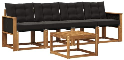 vidaXL Outdoor-Sofagarnitur mit Kissen 5 pcs Natürlich und Schwarz, Garten Sofaset, modernes Wohnmöbel, entspannende Couch für Terrasse und Außenbereich