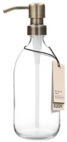 Dispensador de Botella de Vidrio Transparente Kuishi [500 ml, Bomba Dorada] Botella dispensadora de jabón de Vidrio ámbar Recargable con Bomba de Acero Inoxidable, ecológica (sin BPA)