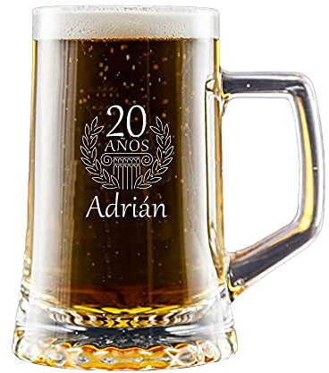 Calledelregalo Regalo personalizado para cumpleaños: Jarra de cerveza grabada con el nombre y la edad que tú quieras - Jarra de cristal de 510 ml. con estuche negro de regalo