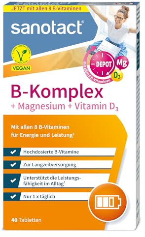 sanotact B-Komplex + Magnesium + Vitamin D3 (40 Tabletten) • Hochdosierte B-Vitamine mit Depot & Langzeitwirkung • 100% Vegan • Vitamin B1, B2, B6, B12, D3, Biotin, Folsäure, Magnesium