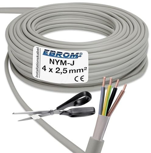 EBROM NYM-J 4x2,5 mm² Mantelleitung Installationskabel grau - Länge: 50 m | 5 bis 100 m, Installationsleitung Feuchtraumkabel, für die feste Verlegung in trockenen + feuchten Räumen 4x2,5 mm2 300V/500V