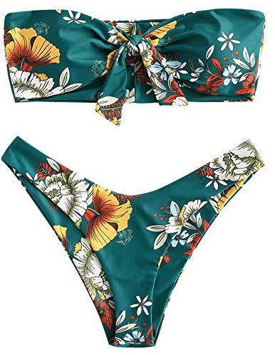 ZAFUL Damen Bandeau Schulterfrei Bikini Set Sexy Strandkleidung mit Blumenmuster Knote (Grün, M)