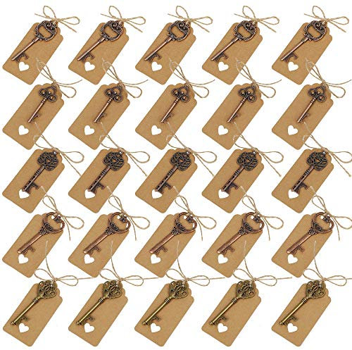MaoXinTek Ouvre-Bouteille Clé Principales Décapsuleurs Assortis Vintage Squelette Touches et étiquette de Papier Kraft pour Fête de Marriage Décoration 25 Pcs