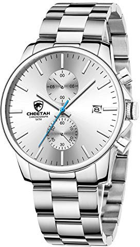 GOLDEN HOUR Montres pour Hommes d'affaires de Mode avec Montre à Quartz chronographe étanche en Acier Inoxydable pour Hommes, Date Automatique (Silver White)