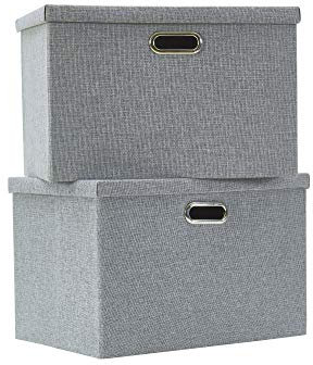 AlphaHome Large Storage Boxes with Lids [2 Pack], Foldable Linen Fabric Storage Baskets for Organising Clothes and Toys(Glaucous Grey, 39x27x25cm)