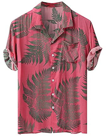 ORANDESIGNE Uomo Funky Camicie Hawaiana in Cotone Lino Manica Corta Vacanze estive Aloha Stampato Beach Casual Hawaii Camicia U Rosa M