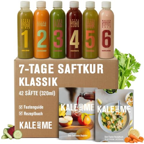 Kale And Me Cure De Jus Classique De 7 Jours Avec 42 Bouteilles De 320 Ml Sans Additifs, 6 Saveurs De Production Régionale, Cure Comme Jeûne
