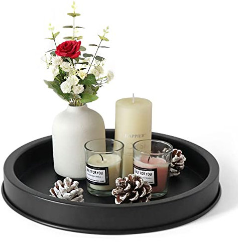 FRTIM Vassoio rotondo decorativo nero, in metallo nero, vassoio decorativo per la casa, tavolo da pranzo, centrotavola, casa colonica, cucina, piano di lavoro (29 cm