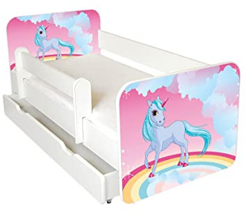 AS-TOR Kinderbett Jugendbett Igor 80x160cm mit Matratze, Schublade und Abnehmbarem Geländer-Bett Schlafzimmer Kindermöbel Kinderbetten für Mädchen und Junge, Hochwertige Möbelplatte, Solide-Einhorn