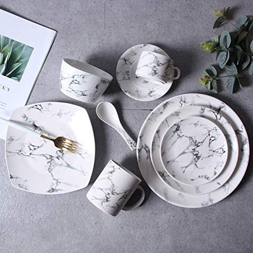 Juego de platos llanos, vajilla fina, juego de vajilla de mármol, juego de platos de porcelana de 10 piezas, juego de platos, cuencos, tazas y tazas de café, para horno microondas, servicio