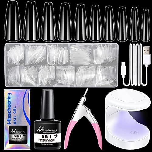 Meschett Pose Americaine Ongles -500 Pièces 10 Tailles Différentes Faux Ongles Transparents avec Lampes à Ongles LED, Coupe-Ongles et Colle à Ongles pour Nail Art DIY,Ongle Gel Kit Complet