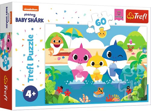 Trefl - Baby Shark, Hai-Familie im Urlaub - 60 Teile Puzzle - Bunte Puzzles mit Märchenfiguren, Nickelodeon, kreative Unterhaltung, Spaß für Kinder ab 4 Jahren