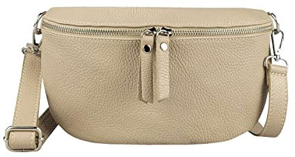 Made in Italy Damen Leder Tasche Handytasche Gürteltasche Crossbody Hüfttasche Bauchtasche Umhängetasche Cross-Over Bodybag Schultertasche Kosmetiktasche Helltaupe