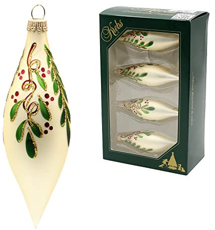 Lauschaer Christbaumschmuck - 4er Set Christbaumschmuck, Tropfen schmal in Satin-Creme, handdekoriert mit Ilex - Dekor und Streifen, mit Goldkrönchen, Größe Ø ca. 10 cm