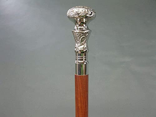 Vintage Gehstock Herren Walk Canes Massiv Braun Holz mit Silber Messing Griff Swagger Casual Geschenk für Senioren, Frauen, Männer